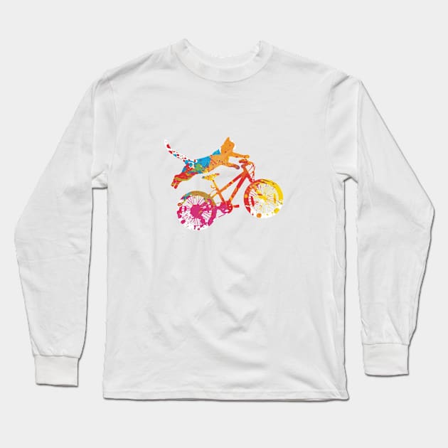 cat on a multicolored bike acrobat Long Sleeve T-Shirt by downundershooter